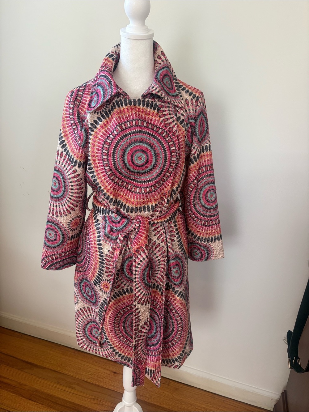 Prada Pink Multi-Color embroidered  Long Sleeve Belted Lined Coat